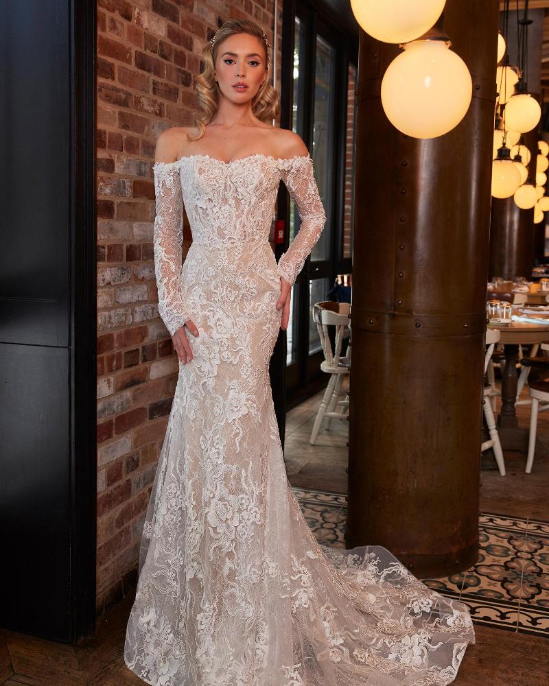La22245 off the shoulder long sleeve lace wedding dress with sheath silhouette1